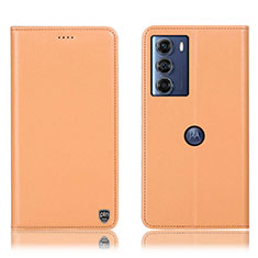 Leather Case Stands Flip Cover Holder H21P for Motorola Moto G200 5G Orange