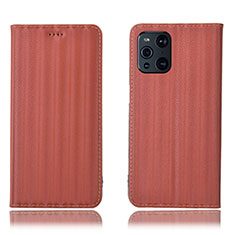 Leather Case Stands Flip Cover Holder H23P for Oppo Find X3 5G Brown