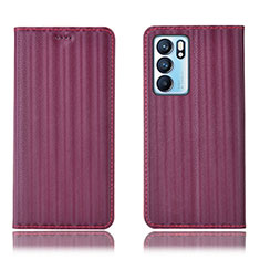 Leather Case Stands Flip Cover Holder H23P for Oppo Reno6 5G Red Wine
