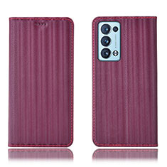 Leather Case Stands Flip Cover Holder H23P for Oppo Reno6 Pro 5G Red Wine