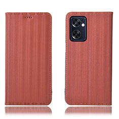 Leather Case Stands Flip Cover Holder H23P for Oppo Reno7 SE 5G Brown