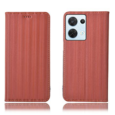 Leather Case Stands Flip Cover Holder H23P for Oppo Reno9 5G Brown