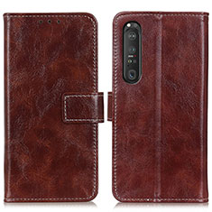 Leather Case Stands Flip Cover Holder K04Z for Sony Xperia 1 III Brown