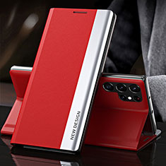 Leather Case Stands Flip Cover Holder L01 for Samsung Galaxy S22 Ultra 5G Red