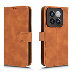 Leather Case Stands Flip Cover Holder L01Z for Xiaomi Mi 14 Pro 5G Brown