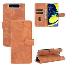 Leather Case Stands Flip Cover Holder L04Z for Samsung Galaxy A80 Brown