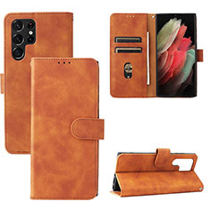 Leather Case Stands Flip Cover Holder L04Z for Samsung Galaxy S21 Ultra 5G Brown
