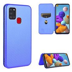 Leather Case Stands Flip Cover Holder L06Z for Samsung Galaxy A21s Blue
