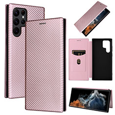 Leather Case Stands Flip Cover Holder L10Z for Samsung Galaxy S21 Ultra 5G Rose Gold