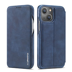 Leather Case Stands Flip Cover Holder LC1 for Apple iPhone 15 Blue