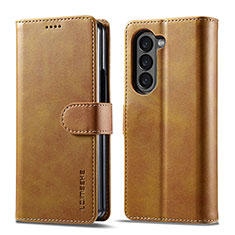 Leather Case Stands Flip Cover Holder LC1 for Samsung Galaxy Z Fold5 5G Light Brown