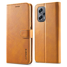 Leather Case Stands Flip Cover Holder LC1 for Xiaomi Redmi Note 11T Pro 5G Light Brown