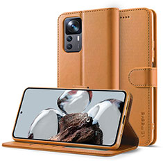 Leather Case Stands Flip Cover Holder LC2 for Xiaomi Mi 12T Pro 5G Light Brown