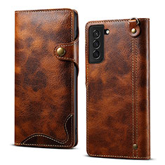 Leather Case Stands Flip Cover Holder M01T for Samsung Galaxy S22 5G Brown