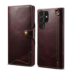 Leather Case Stands Flip Cover Holder M01T for Samsung Galaxy S22 Ultra 5G Red Wine