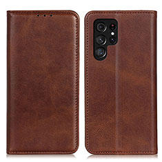 Leather Case Stands Flip Cover Holder M17L for Samsung Galaxy S22 Ultra 5G Brown