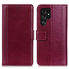 Leather Case Stands Flip Cover Holder N02P for Samsung Galaxy S22 Ultra 5G Red