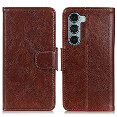 Leather Case Stands Flip Cover Holder N05P for Motorola Moto G200 5G Brown