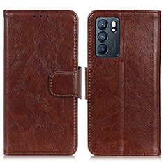 Leather Case Stands Flip Cover Holder N05P for Oppo Reno6 5G Brown