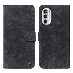 Leather Case Stands Flip Cover Holder N06P for Motorola MOTO G52 Black