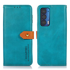 Leather Case Stands Flip Cover Holder N07P for Motorola Moto Edge (2021) 5G Cyan