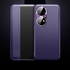 Leather Case Stands Flip Cover Holder QK1 for Huawei P50 Pro Purple