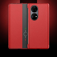 Leather Case Stands Flip Cover Holder QK3 for Huawei P50 Pro Red