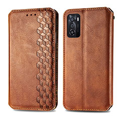 Leather Case Stands Flip Cover Holder S01D for Oppo A55S 5G Brown