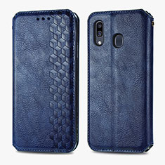 Leather Case Stands Flip Cover Holder S01D for Samsung Galaxy A20 Blue