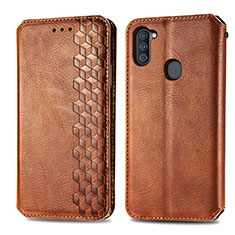Leather Case Stands Flip Cover Holder S01D for Samsung Galaxy M11 Brown
