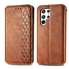 Leather Case Stands Flip Cover Holder S01D for Samsung Galaxy S21 Ultra 5G Brown