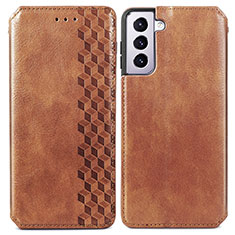 Leather Case Stands Flip Cover Holder S01D for Samsung Galaxy S22 5G Brown