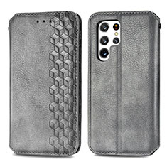 Leather Case Stands Flip Cover Holder S01D for Samsung Galaxy S22 Ultra 5G Gray