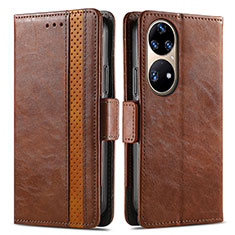 Leather Case Stands Flip Cover Holder S02D for Huawei P50 Pro Brown