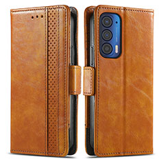 Leather Case Stands Flip Cover Holder S02D for Motorola Moto Edge (2021) 5G Light Brown