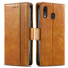 Leather Case Stands Flip Cover Holder S02D for Samsung Galaxy A20 Light Brown