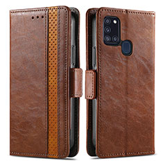 Leather Case Stands Flip Cover Holder S02D for Samsung Galaxy A21s Brown