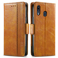 Leather Case Stands Flip Cover Holder S02D for Samsung Galaxy A30 Light Brown