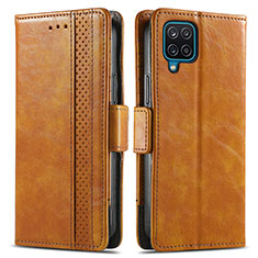 Leather Case Stands Flip Cover Holder S02D for Samsung Galaxy F12 Light Brown