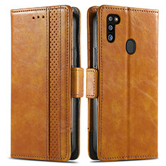 Leather Case Stands Flip Cover Holder S02D for Samsung Galaxy M30s Light Brown