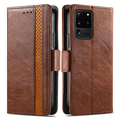 Leather Case Stands Flip Cover Holder S02D for Samsung Galaxy S20 Ultra 5G Brown