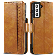 Leather Case Stands Flip Cover Holder S02D for Samsung Galaxy S21 5G Light Brown