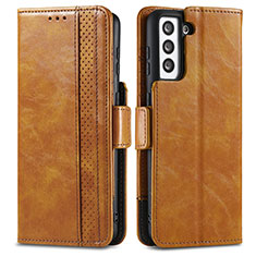 Leather Case Stands Flip Cover Holder S02D for Samsung Galaxy S22 Plus 5G Light Brown