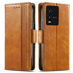 Leather Case Stands Flip Cover Holder S02D for Vivo iQOO 10 5G Light Brown