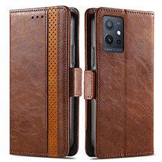 Leather Case Stands Flip Cover Holder S02D for Vivo iQOO Z6 5G Brown