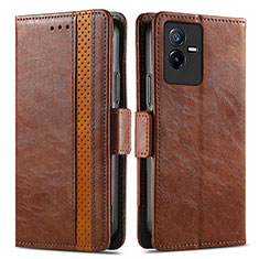 Leather Case Stands Flip Cover Holder S02D for Vivo iQOO Z6x Brown