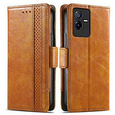 Leather Case Stands Flip Cover Holder S02D for Vivo iQOO Z6x Light Brown