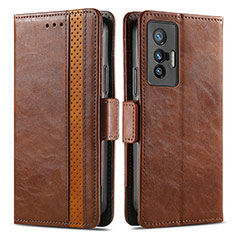 Leather Case Stands Flip Cover Holder S02D for Vivo X70 5G Brown