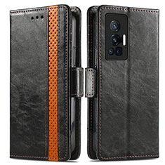 Leather Case Stands Flip Cover Holder S02D for Vivo X70 Pro 5G Black