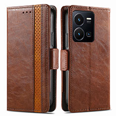 Leather Case Stands Flip Cover Holder S02D for Vivo Y35 4G Brown